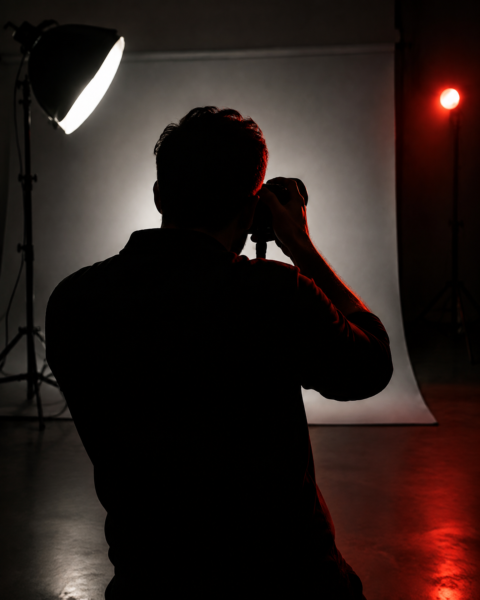 Photographer working in a dark studio