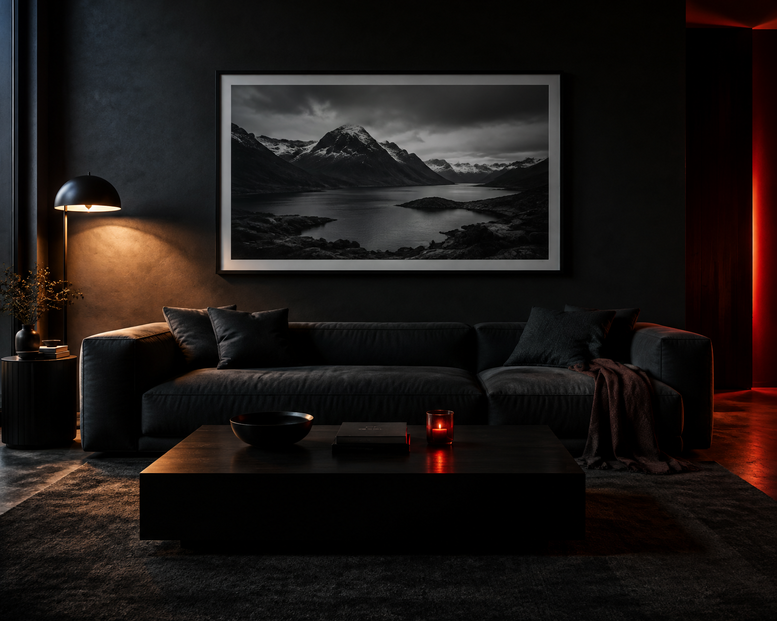 Dark modern living room with framed photography